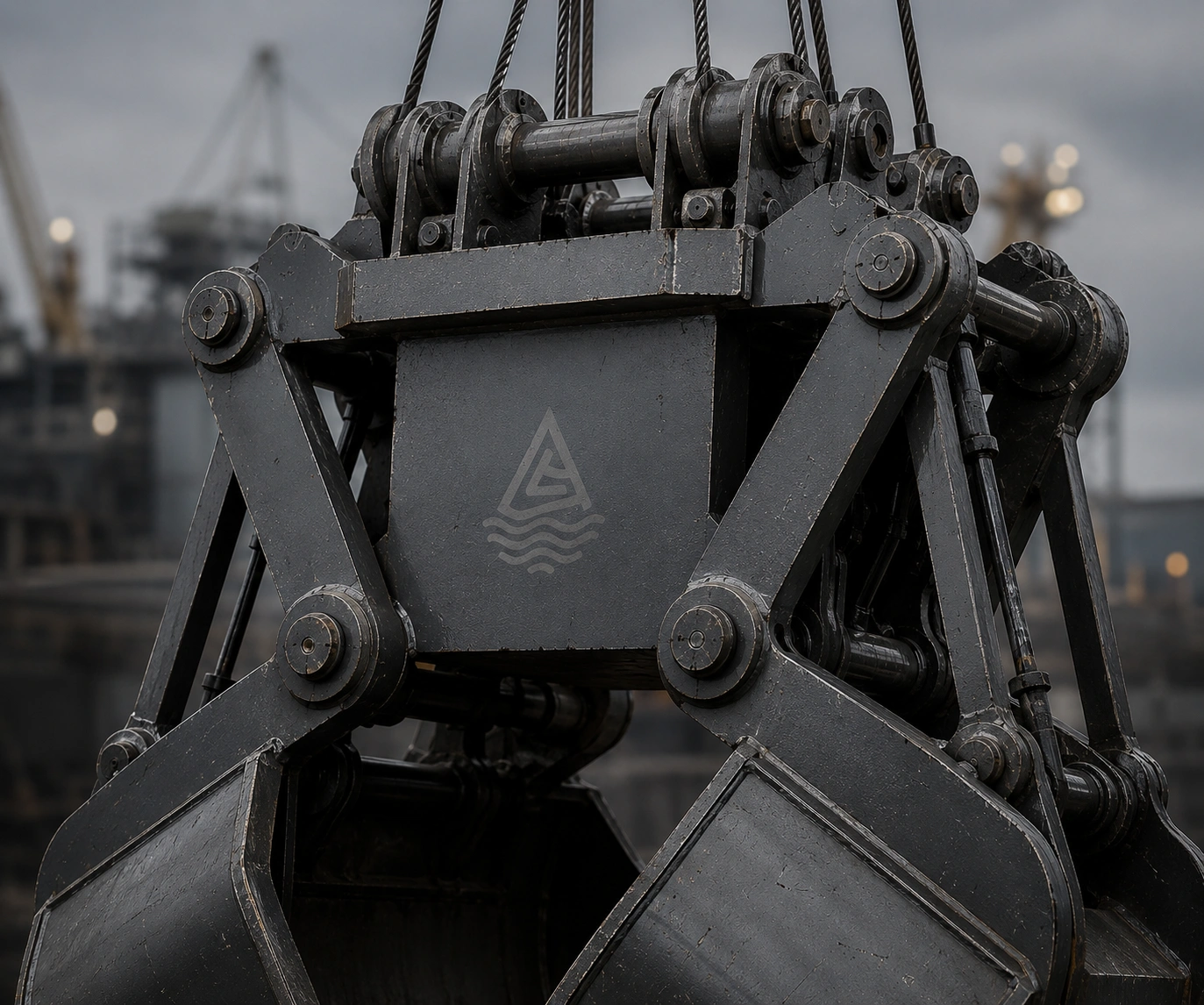 Engineering detail of a mechanical clamshell grab showing rope mechanisms and fabricated steel components.
