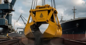 Mechanical clamshell grab operating at a cargo terminal.