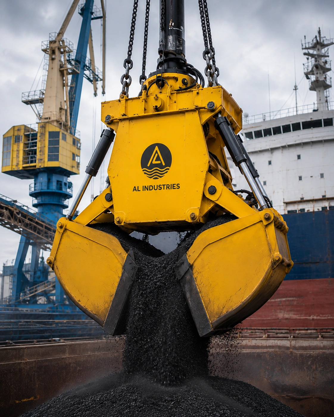 Orange Peel Grab for Scrap Handling Electro-hydraulic clamshell grab handling bulk cargo at port terminal.