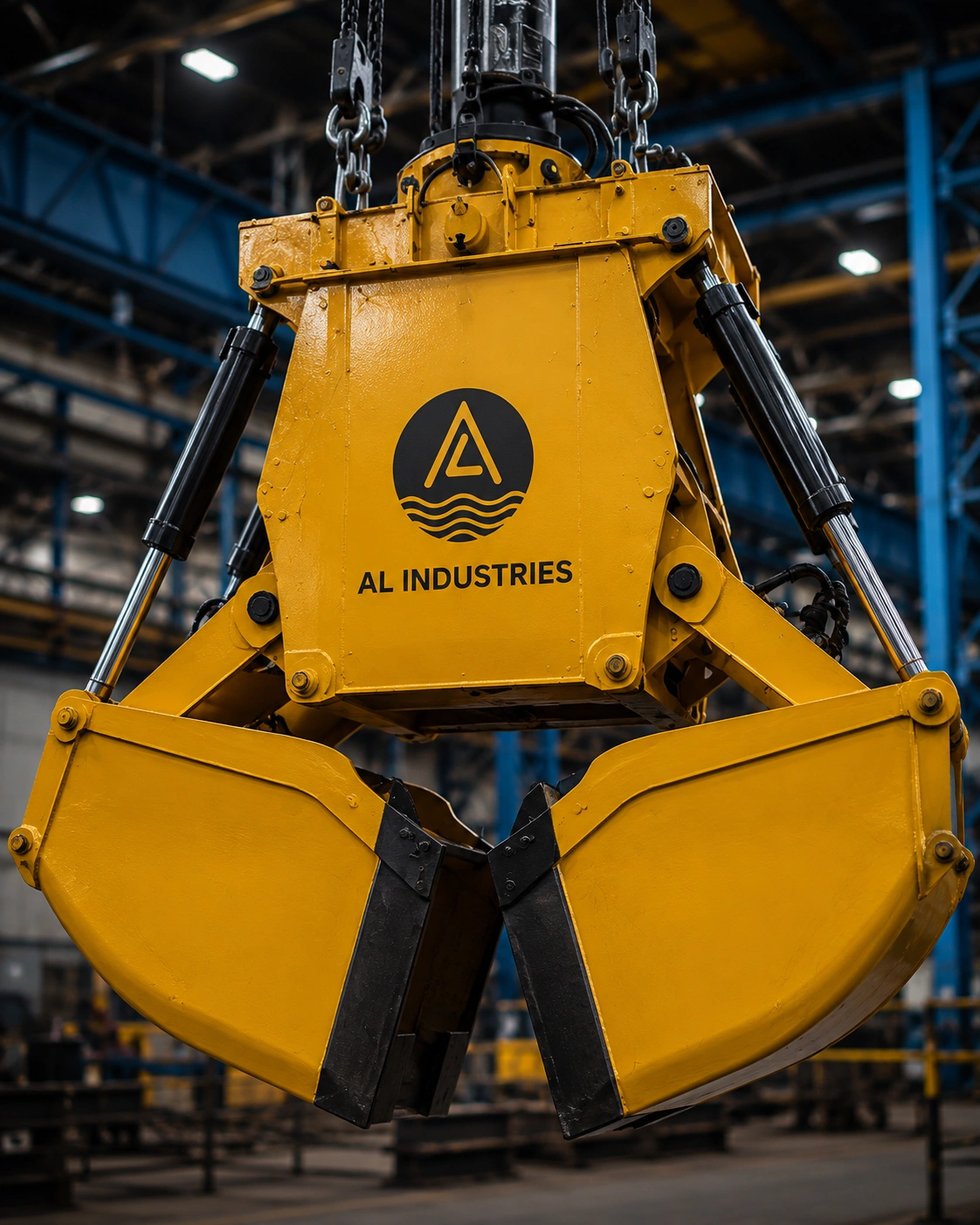 Electro-hydraulic clamshell grab inside manufacturing facility.