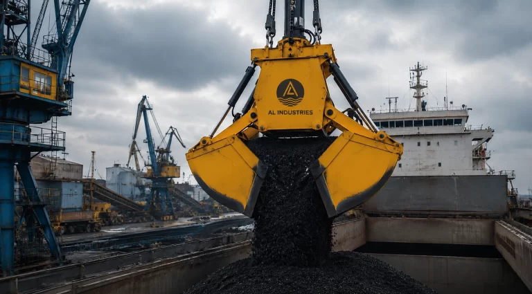 Electro-hydraulic clamshell grab unloading bulk cargo at a port terminal.