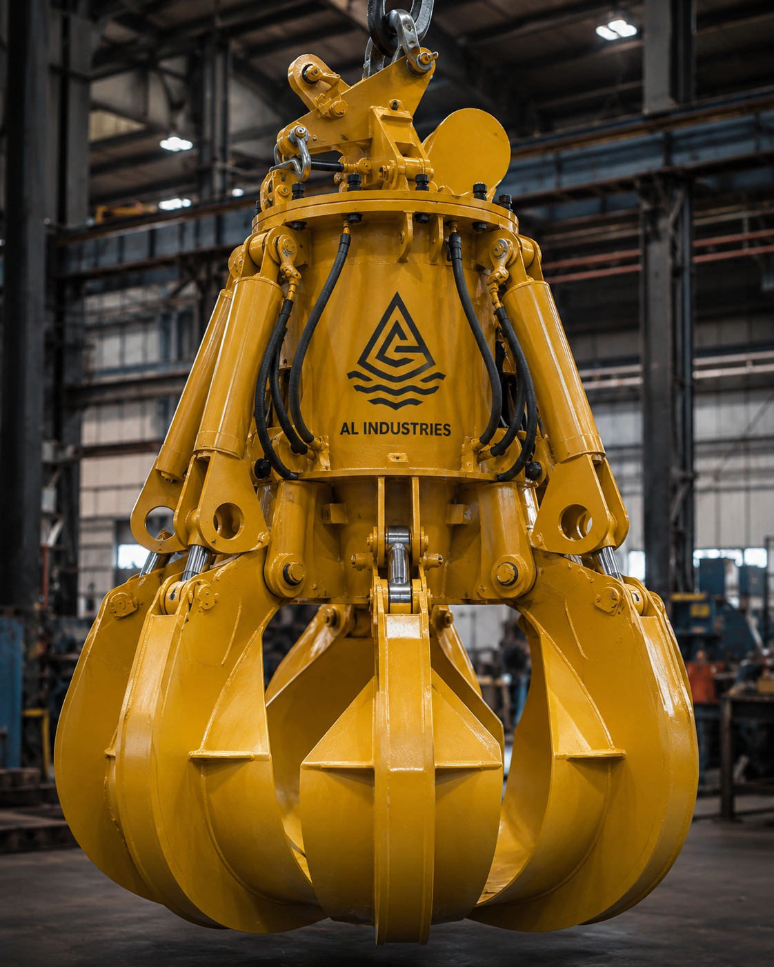 Electro-hydraulic orange peel grab inside AL Industries manufacturing facility.