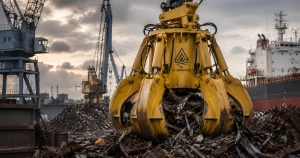 Electro-hydraulic orange peel grab handling scrap material at an industrial port facility.