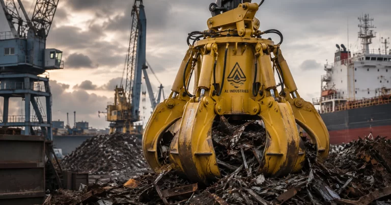 Electro-hydraulic orange peel grab handling scrap material at an industrial port facility.