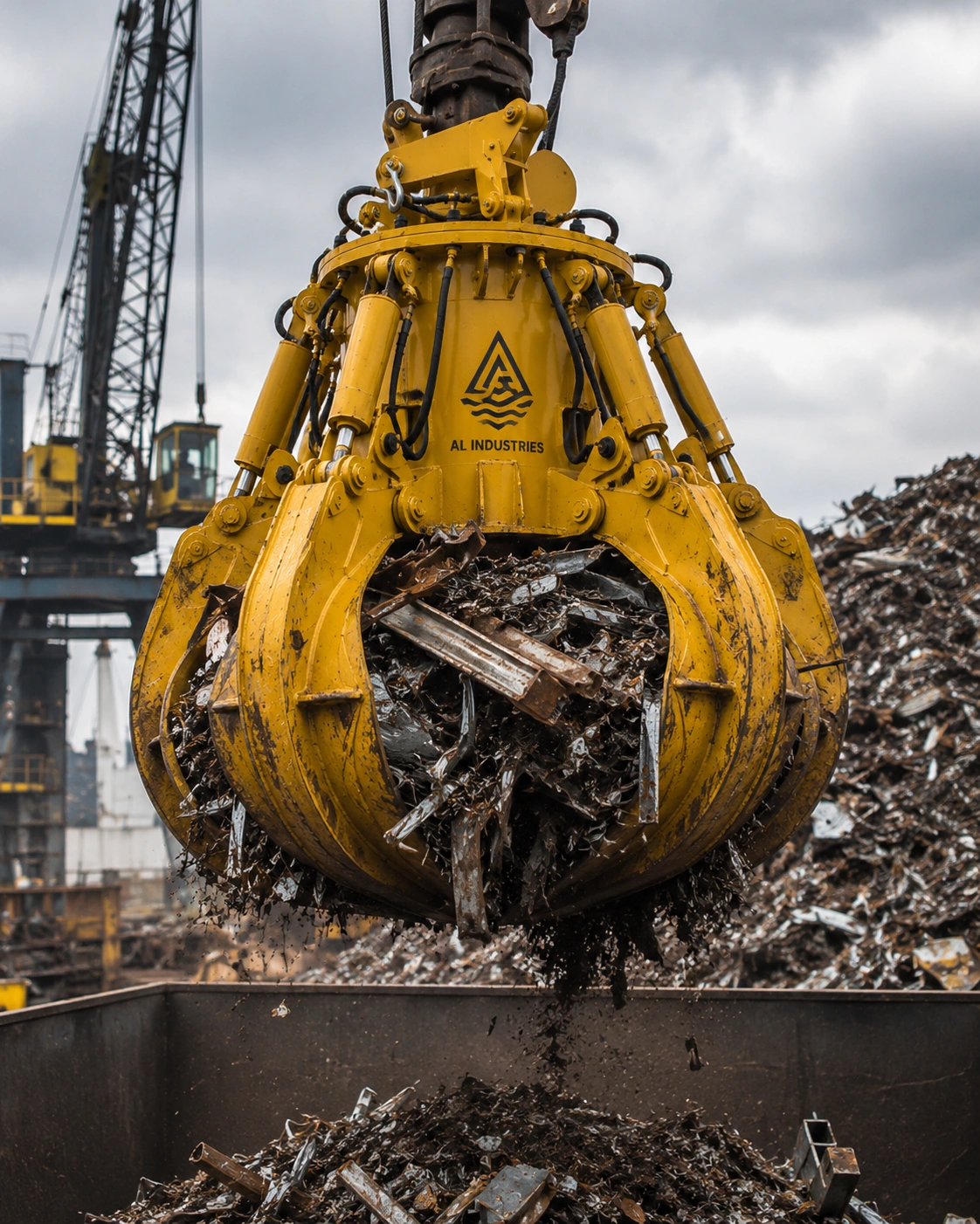 Orange Peel Grab for Scrap Handling Electro-hydraulic orange peel grab handling steel scrap at industrial facility.