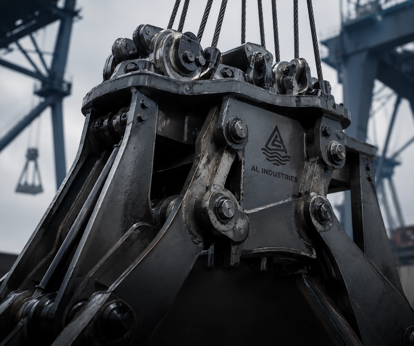 Close-up engineering detail of an AL Industries mechanical orange peel grab showing rope guides, pulleys, linkages and heavy-duty steel fabrication components.