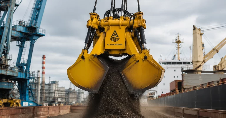 Radio remote clamshell grab operating at a bulk cargo terminal.