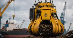 Radio remote orange peel grab operating at a scrap handling terminal.
