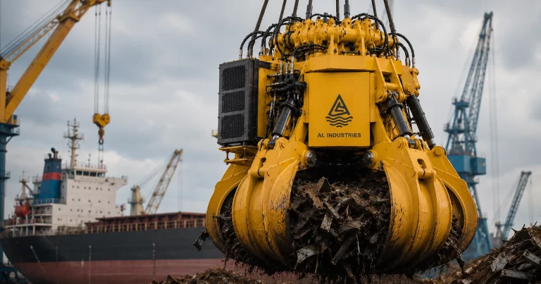 Radio remote orange peel grab operating at a scrap handling terminal.