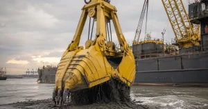 AL Industries round nose mechanical grab performing dredging operation in port environment