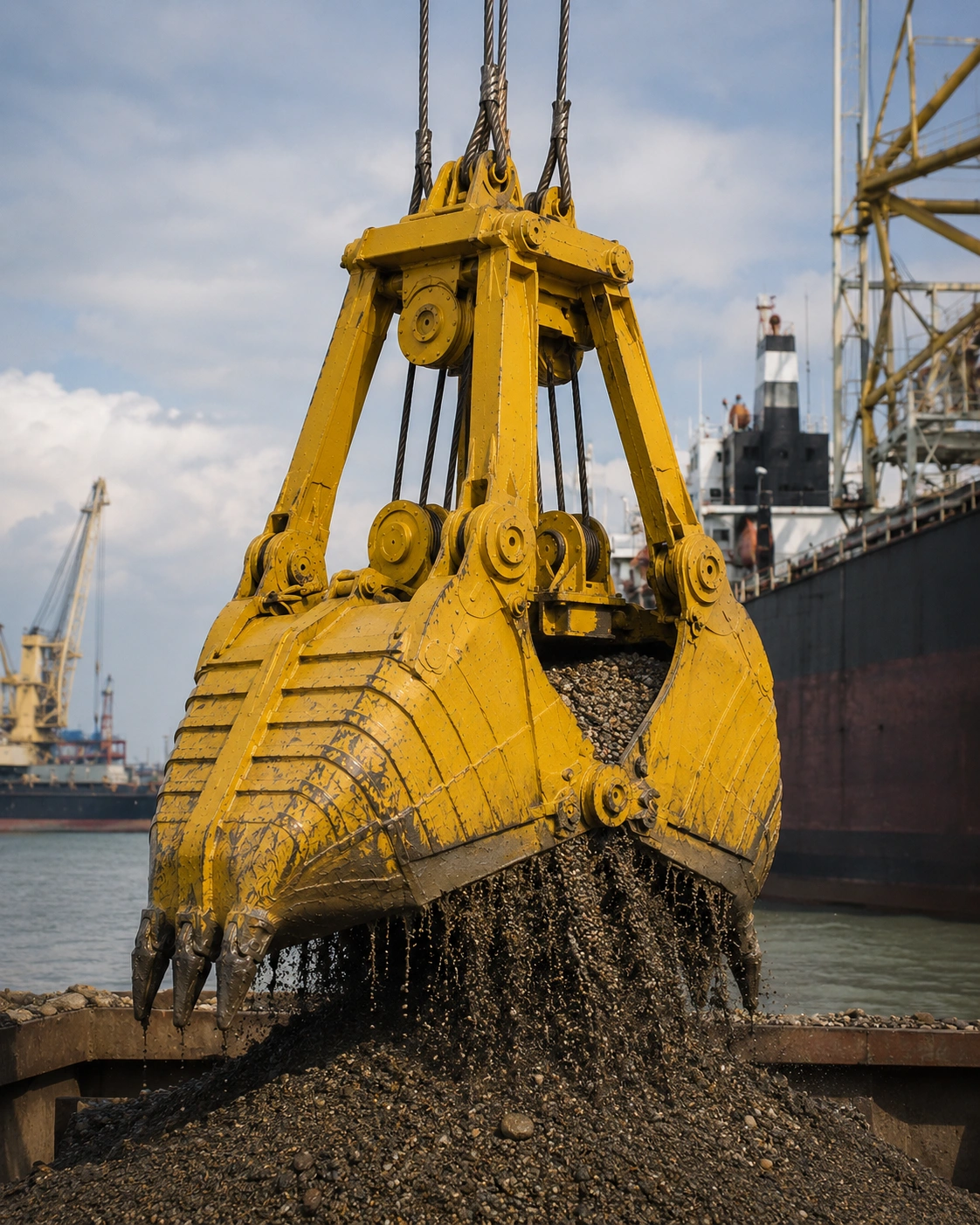 Orange Peel Grab for Scrap Handling Round nose mechanical grab handling gravel and dredged material at port